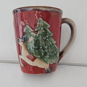 Festive Rustic 3 D Red Holiday Mug with Reindeer and Christmas Trees And Stars